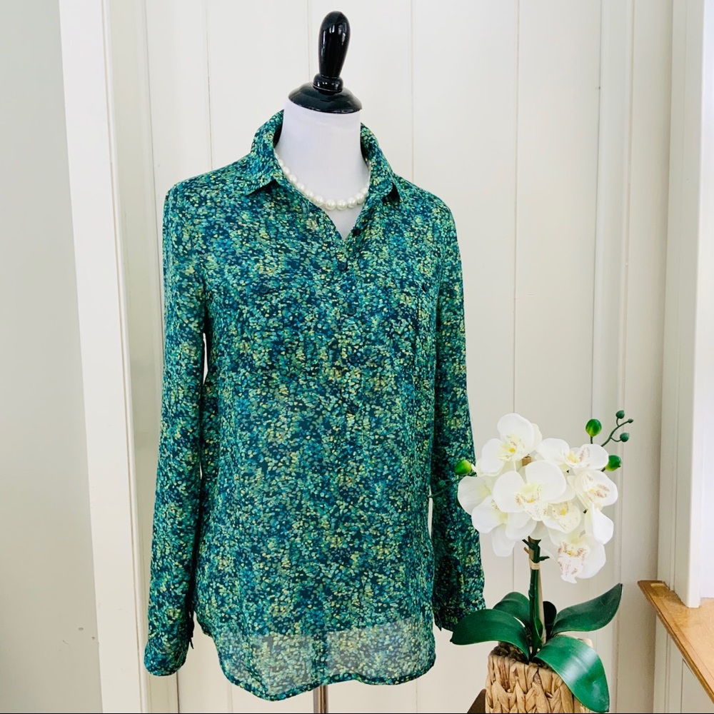 LOFT Green Blue Abstract Print Lightweight Blouse